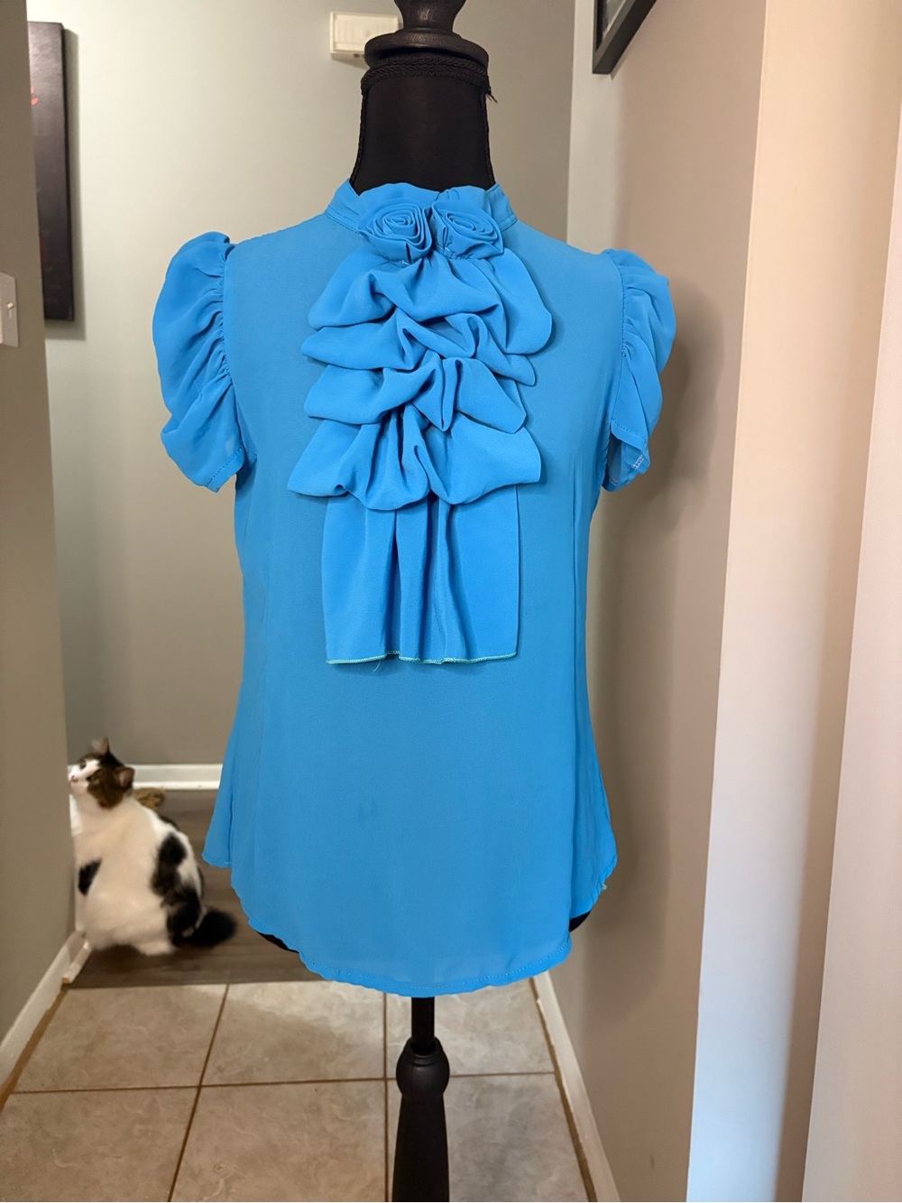 Van Heusen Turquoise Blue Ruffle Front Blouse